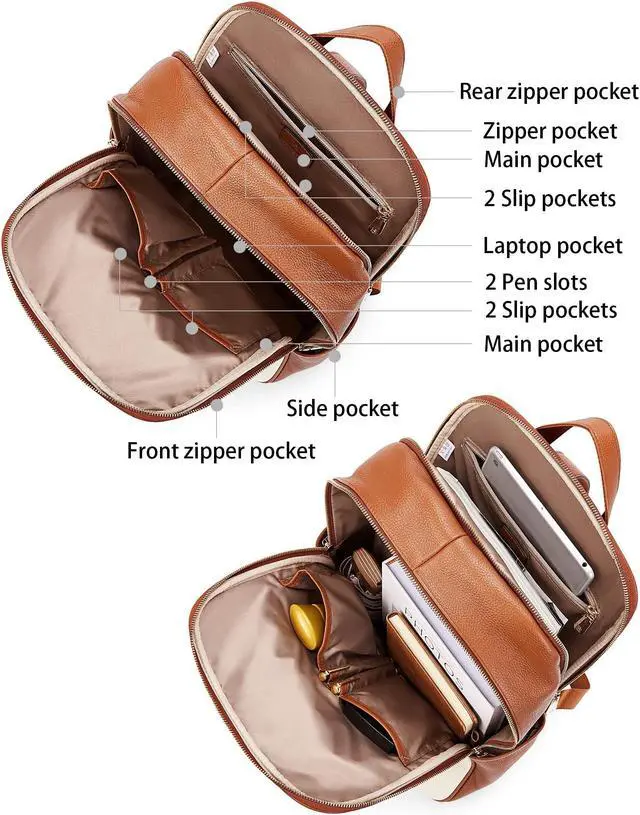 Alt view image 3 of 5 - BOSTANTEN Genuine Leather 15.6 inch Laptop Backpack Purse for Women College Casual Backpack Travel Bag Daypack Beige-brown