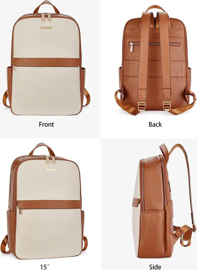 Alt view image 5 of 5 - BOSTANTEN Genuine Leather 15.6 inch Laptop Backpack Purse for Women College Casual Backpack Travel Bag Daypack Beige-brown