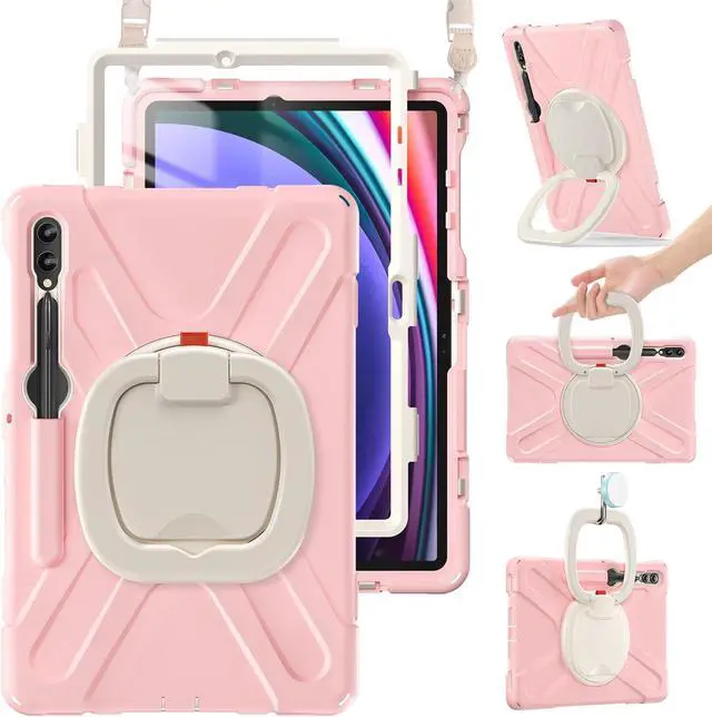 Main image of BRAECN Case for Samsung Galaxy Tab S10+/S9 FE+/S9+ 12.4 2024, Rugged Silicone Cover with Shoulder Strap/S Pen Holder/Screen Protector/Kickstand/Handle Grip for Tab S9+/S8+/S7 FE/S7+, Sakura Pink