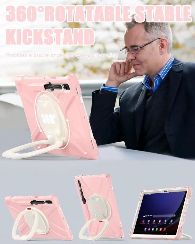 Alt view image 3 of 5 - BRAECN Case for Samsung Galaxy Tab S10+/S9 FE+/S9+ 12.4 2024, Rugged Silicone Cover with Shoulder Strap/S Pen Holder/Screen Protector/Kickstand/Handle Grip for Tab S9+/S8+/S7 FE/S7+, Sakura Pink