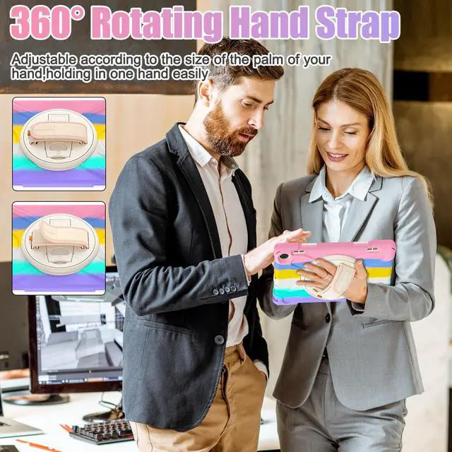 Alt view image 3 of 5 - BRAECNstock Kids Case for Amazon Fire HD 8 Tablet 12th Generation 2024/2022 8 inch with Rotating Hand Strap + Stand Shouler Strap Pen Holder Shockproof Protective Kindle Fire HD 8 Case - Colorful Pink
