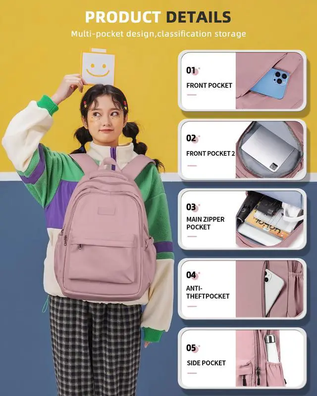 Alt view image 2 of 5 - BOXSAM Lightweight School Backpack for Women Men, Laptop Travel Casual Daypack College Secondary School Bags Bookbag for Teenage Girls Boys, Pink