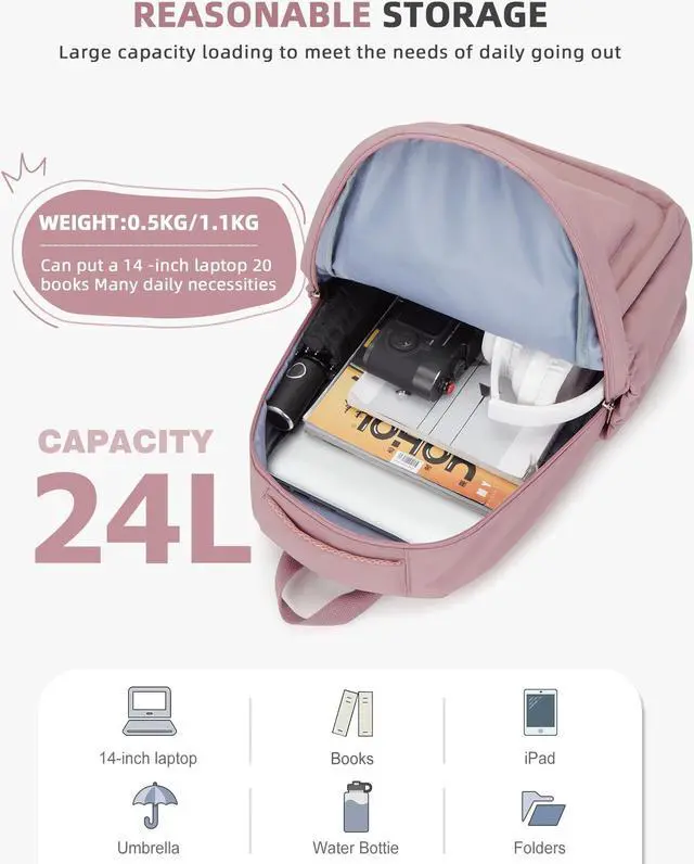 Alt view image 4 of 5 - BOXSAM Lightweight School Backpack for Women Men, Laptop Travel Casual Daypack College Secondary School Bags Bookbag for Teenage Girls Boys, Pink
