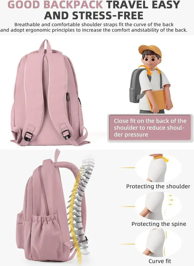 Alt view image 5 of 5 - BOXSAM Lightweight School Backpack for Women Men, Laptop Travel Casual Daypack College Secondary School Bags Bookbag for Teenage Girls Boys, Pink