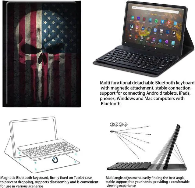 Alt view image 4 of 5 - CAPAUNVDA for Kindle Fire HD 8 & 8 Plus Tablet Case with Keyboard 8 Inch (12th /10th Generation, 2022/2020 Release),Soft PU Stand Folio Cover with Detachable Wireless Keyboard,Skull Flag