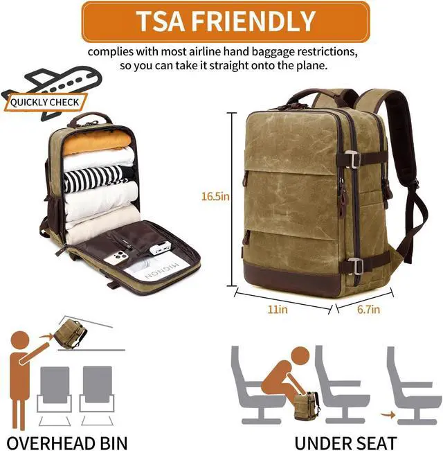 Alt view image 4 of 5 - Travel Backpack for Men Carry On Backpack Flight Approved Personal Item Backpack, 17 inch Laptop Backpack Casual Daypack Weekender Business Hiking Backpack, Brown