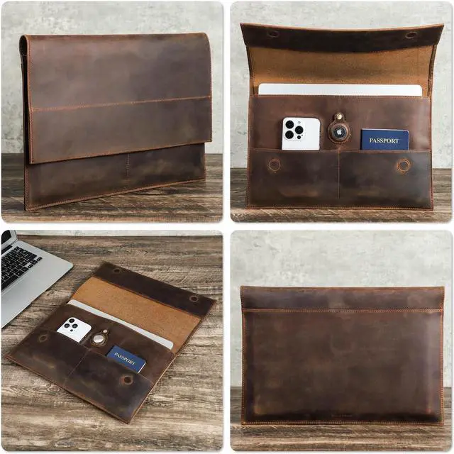 Alt view image 2 of 5 - CataPurus Top Grain Leather 13.3" Slim Laptop Sleeve Bag, Magnet Clasp Closure Design & 3 Pockets & Tracker Holder, Handmade, Compatible with MacBook Pro/Air 13.3"/Cellphone/Passport, Coffee 13.3 Inch
