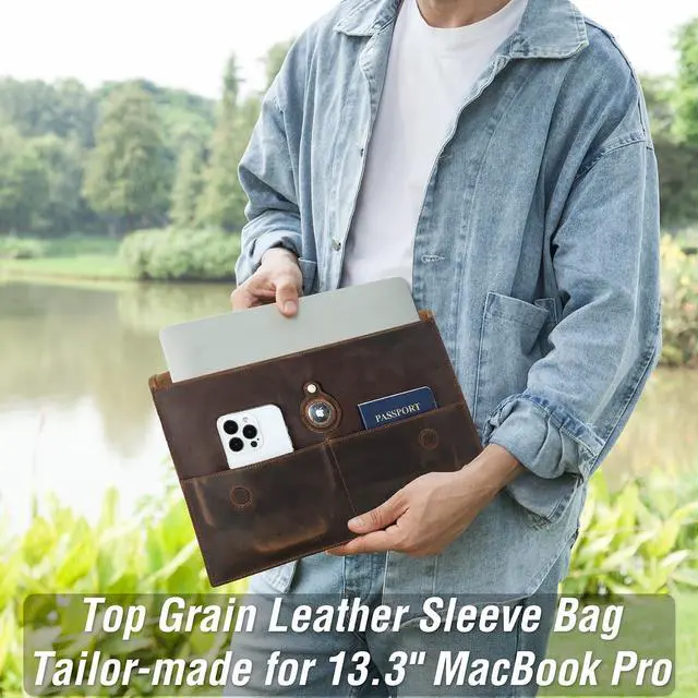 Alt view image 3 of 5 - CataPurus Top Grain Leather 13.3" Slim Laptop Sleeve Bag, Magnet Clasp Closure Design & 3 Pockets & Tracker Holder, Handmade, Compatible with MacBook Pro/Air 13.3"/Cellphone/Passport, Coffee 13.3 Inch