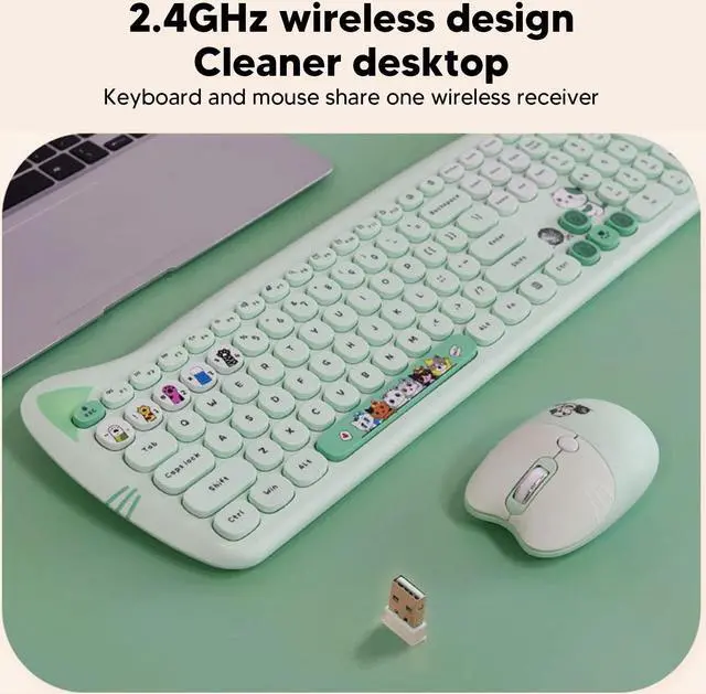 Alt view image 3 of 5 - Keyboard and Mouse Combo, Cute Cat Theme USB Slim Keyboard Mouse Set, 2.4GHz Full Size Cute Keyboard with 110 Round Keys, for Windows 10,8,7,XP, OS