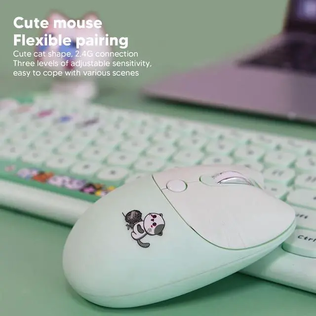 Alt view image 4 of 5 - Keyboard and Mouse Combo, Cute Cat Theme USB Slim Keyboard Mouse Set, 2.4GHz Full Size Cute Keyboard with 110 Round Keys, for Windows 10,8,7,XP, OS