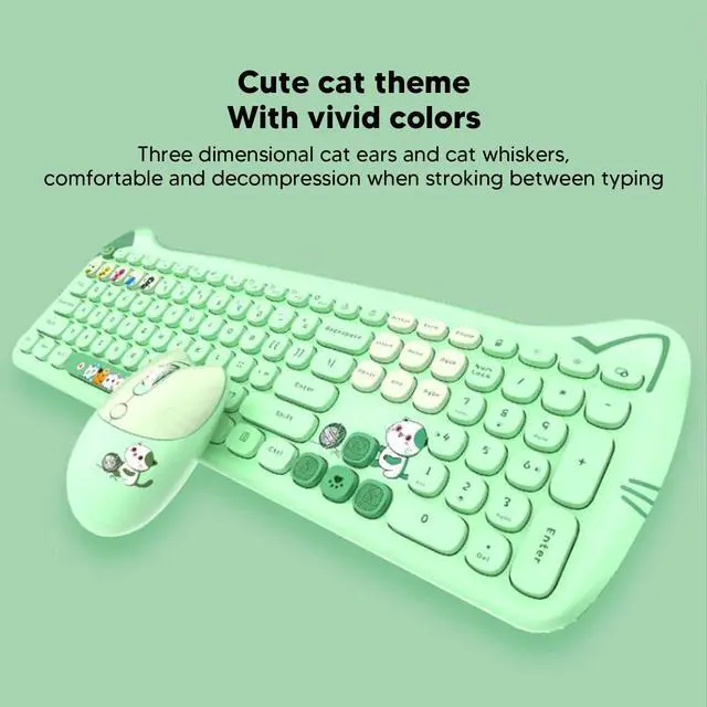Alt view image 2 of 5 - Keyboard and Mouse Combo, Cute Cat Theme USB Slim Keyboard Mouse Set, 2.4GHz Full Size Cute Keyboard with 110 Round Keys, for Windows 10,8,7,XP, OS