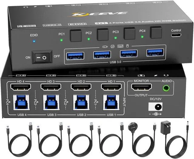 Main image of HDMI KVM Switch 4 Computers 8K@60Hz 4K@144Hz, Simulation EDID, Camgeet 4 Port USB3.0 KVM Switch with Audio for 4 Computer Share 1 Monitor and Keyboard Mouse Headset,Wired Remote,Power Adapter Included