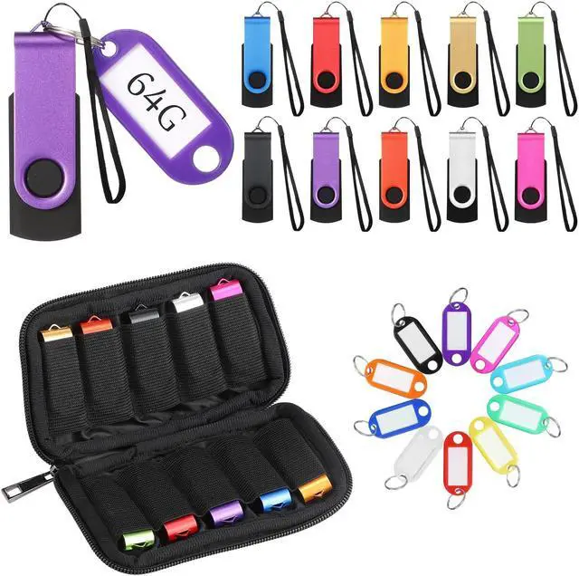 Main image of 10 Pack Flash Drives Zip Drives with Lanyards, Key Tags and Storage Case Metal USB 2.0 Thumb Drives Multi Pack Bulk Swivel Memory Colorful Portable Keychain for Data Storage (64GB)