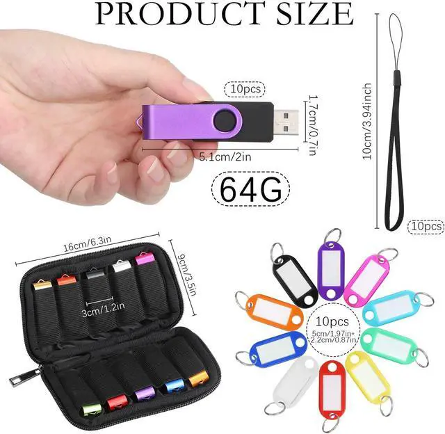 Alt view image 2 of 5 - 10 Pack Flash Drives Zip Drives with Lanyards, Key Tags and Storage Case Metal USB 2.0 Thumb Drives Multi Pack Bulk Swivel Memory Colorful Portable Keychain for Data Storage (64GB)