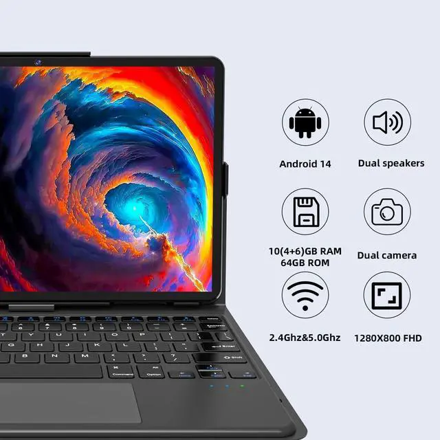 Alt view image 2 of 5 - COLORROOM Android Tablet, 10 inch Android 14 Tablets with Keyboard, Octa-Core Processor, 10GB RAM+64GB ROM 1TB Expand, 8000mAh Battery, 1280x800 HD Display, Dual Camera, WiFi5, BT5.0, GPS (Blue)