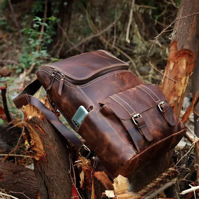 Alt view image 2 of 5 - cuero C Full Grain Leather Backpack for Men - 17 Inch Laptop Bag - Vintage Travel Rucksack - Casual Daypack for Womens (BROWN)