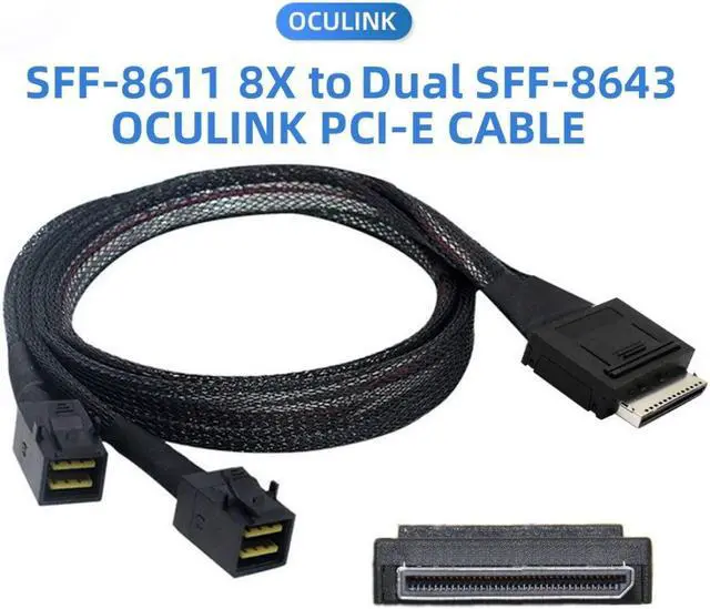 Alt view image 2 of 5 - Chenyang SFF-8611 to SFF-8643 Cable,OCuLink PCIe PCI-Express SFF-8611 8X 8-Lane to 2 SFF-8643 HD 4X SSD Data Active Cable 50cm