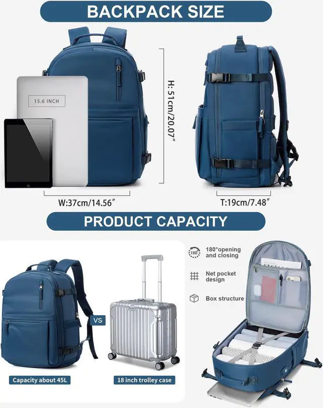 Alt view image 2 of 5 - Cypak Large Travel Backpack for Women Men Waterproof Luggage Utility Backpack with USB Charging Port & Shoe Pouch Airline Approved Personal Item Travel Bag Mochila de Viaje(Blue)