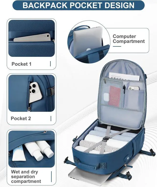 Alt view image 4 of 5 - Cypak Large Travel Backpack for Women Men Waterproof Luggage Utility Backpack with USB Charging Port & Shoe Pouch Airline Approved Personal Item Travel Bag Mochila de Viaje(Blue)