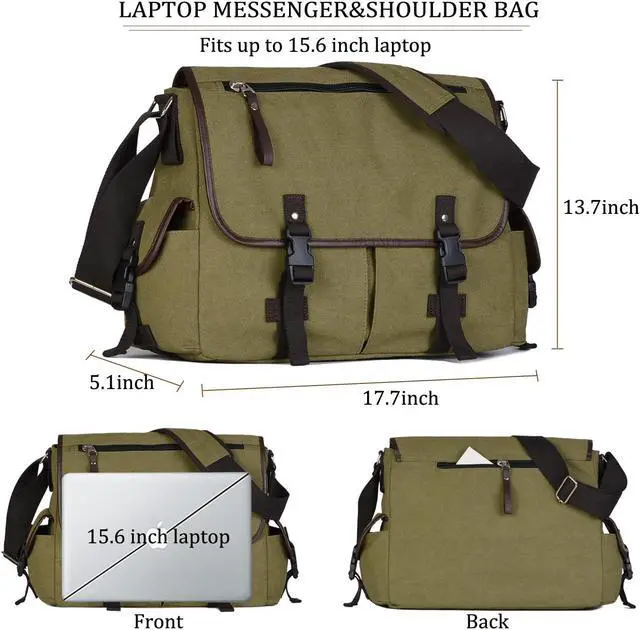 Alt view image 2 of 5 - Vintage Canvas 15.6 inch Laptop Messenger Bag for Men Women, College Computer Satchel Shoulder Bag Travel Office Briefcases (Green)