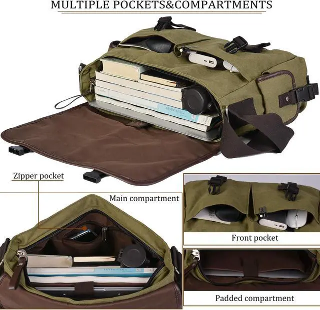 Alt view image 3 of 5 - Vintage Canvas 15.6 inch Laptop Messenger Bag for Men Women, College Computer Satchel Shoulder Bag Travel Office Briefcases (Green)