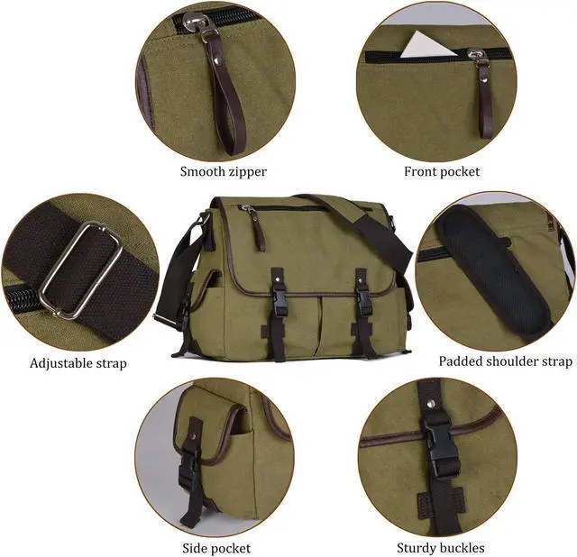 Alt view image 5 of 5 - Vintage Canvas 15.6 inch Laptop Messenger Bag for Men Women, College Computer Satchel Shoulder Bag Travel Office Briefcases (Green)