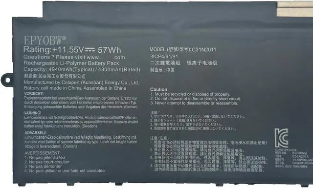 Alt view image 2 of 5 - EPYOBW C31N2011 Laptop Battery 57Wh 4940mAh 3-Cell 11.55V Compatible with Asus Chromebook Flip CM5 CM5500FDA / Chromebook Flip CX5 CX5500FEA Series 0B200-03860000 3ICP4/91/91