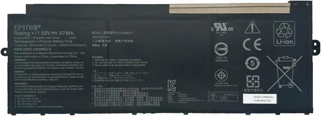 Main image of EPYOBW C31N2011 Laptop Battery 57Wh 4940mAh 3-Cell 11.55V Compatible with Asus Chromebook Flip CM5 CM5500FDA / Chromebook Flip CX5 CX5500FEA Series 0B200-03860000 3ICP4/91/91