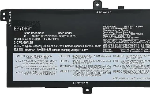 Alt view image 2 of 5 - EPYOBW L21M3PD5 Laptop Battery 46.5Wh 3995mAh 3-Cell 11.64V Compatible with Lenovo ThinkBook 14 G4+ ARA/ThinkBook 14 G4+ IAP Series L21C3PD5 L21L3PD5 L21M4PD6 L21D4PD6 L21L4PD6
