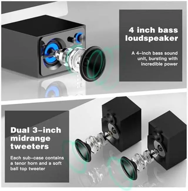 Alt view image 2 of 5 - Elimavi BT-15 2.1 Computer Speaker System with 4 inches Subwoofer Dual 3 inches Tweeter, Support RCA/Wireless Input, Wood Enclosure, 60W, Black