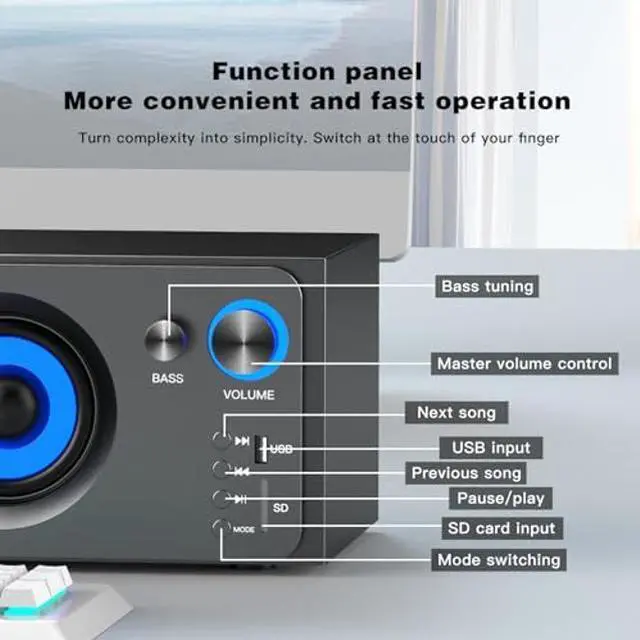 Alt view image 4 of 5 - Elimavi BT-15 2.1 Computer Speaker System with 4 inches Subwoofer Dual 3 inches Tweeter, Support RCA/Wireless Input, Wood Enclosure, 60W, Black