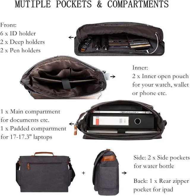 Alt view image 2 of 5 - ESTARER Computer Messenger Bag 17-17.3 Inch Water-resistance Canvas Laptop Shoulder Bag for Travel Work College & Laptop Briefcase 15.6 Inch, Mens Briefcase for Business/Travel, Leather Computer Bag