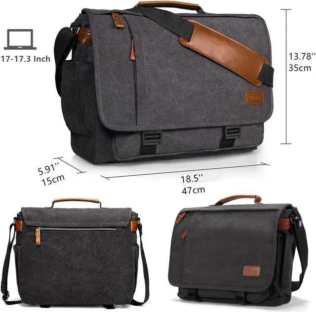 Alt view image 3 of 5 - ESTARER Computer Messenger Bag 17-17.3 Inch Water-resistance Canvas Laptop Shoulder Bag for Travel Work College & Laptop Briefcase 15.6 Inch, Mens Briefcase for Business/Travel, Leather Computer Bag