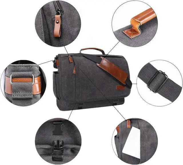 Alt view image 4 of 5 - ESTARER Computer Messenger Bag 17-17.3 Inch Water-resistance Canvas Laptop Shoulder Bag for Travel Work College & Laptop Briefcase 15.6 Inch, Mens Briefcase for Business/Travel, Leather Computer Bag