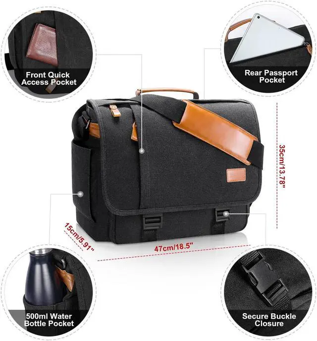 Alt view image 4 of 5 - ESTARER Messenger Bag 17-17.3 Inch, Men's Computer Bag Water-resistant Canvas, Teacher Laptop Satchel for Work Office College, Dark Grey