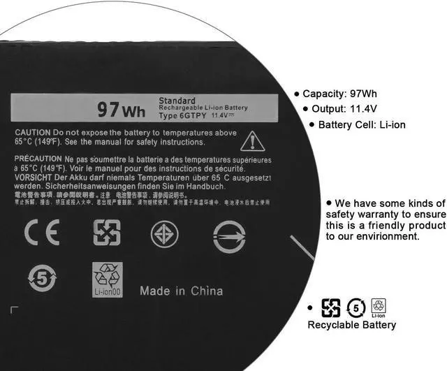 Alt view image 4 of 5 - Hubei 6GTPY 5XJ28 Extended Laptop Battery Replacement for Dell XPS 15 9550 9560 9570 7590(2019 Model) P56F001 P56F002 Precision 5510 5520 5530 5540 2-in-1 Mobile Workstation Vostro 7500(11.4V 97Wh)