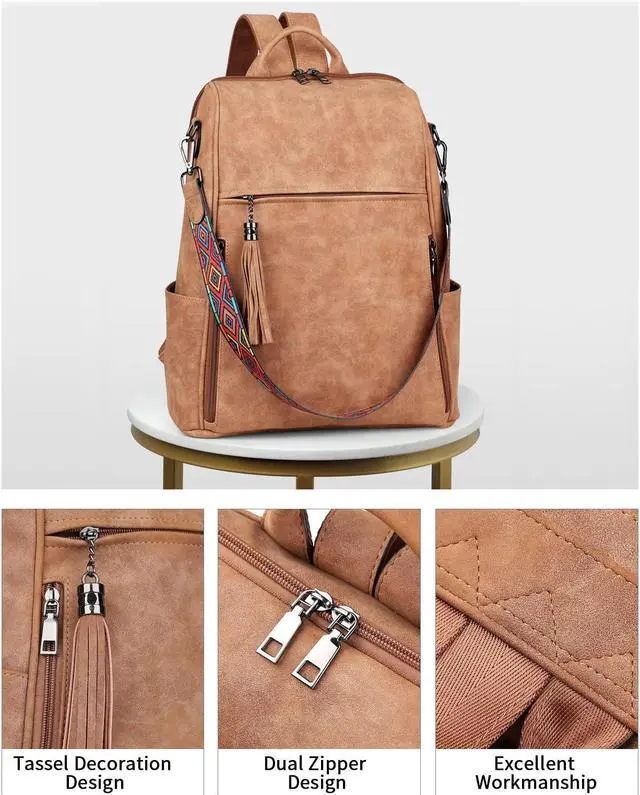 Alt view image 5 of 5 - FADEON Leather Laptop Backpack for Women Designer 15.6 inch PU Laptop Bag, Ladies Travel Computer Work Backpack Brown