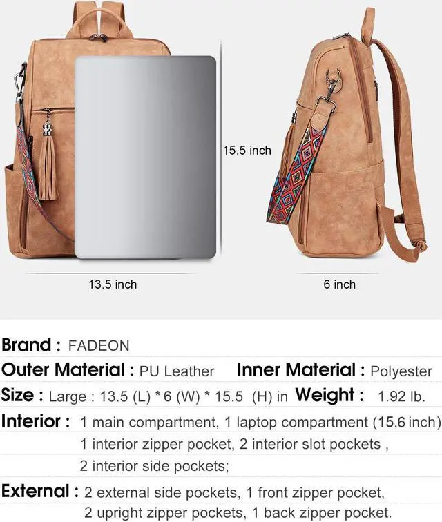 Alt view image 2 of 5 - FADEON Leather Laptop Backpack for Women Designer 15.6 inch PU Laptop Bag, Ladies Travel Computer Work Backpack Brown