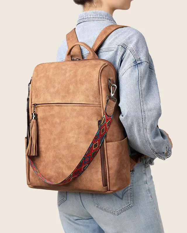 Alt view image 3 of 5 - FADEON Leather Laptop Backpack for Women Designer 15.6 inch PU Laptop Bag, Ladies Travel Computer Work Backpack Brown