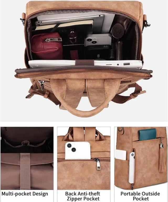 Alt view image 4 of 5 - FADEON Leather Laptop Backpack for Women Designer 15.6 inch PU Laptop Bag, Ladies Travel Computer Work Backpack Brown