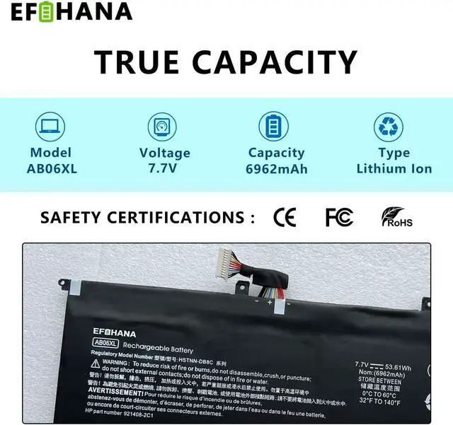 Alt view image 3 of 5 - EFOHANA AB06XL Laptop Battery Replacement for HP Envy 13 2017 13-AD019TU 2EX75PA 2EX78PA 2EX80PA 2EX85PA 2EX88PA Series Notebook HSTNN-DB8C 921408-2C1 921438-855 TPN-I128 ABO6XL 7.7V 53.61Wh 6962mAh