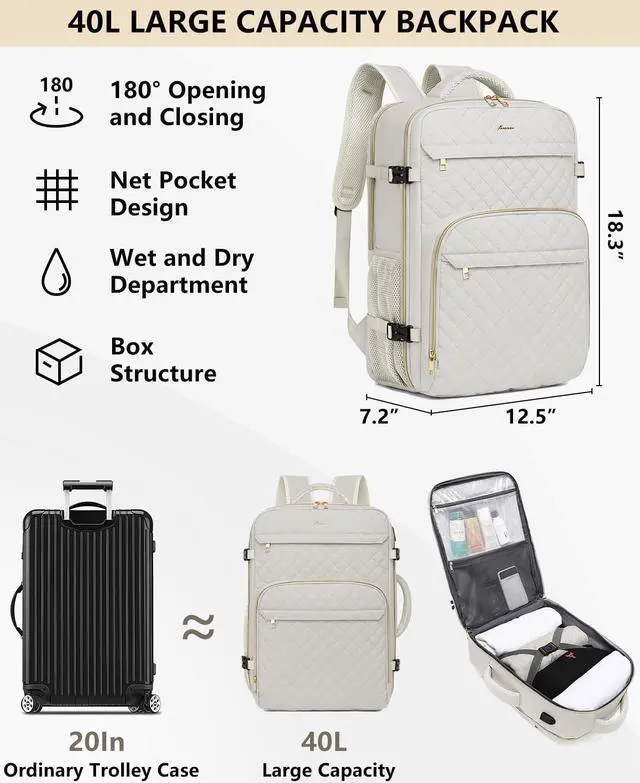 Alt view image 3 of 5 - Carry On Women Travel Backpack: TSA Flight Approved Personal Item Backpacks Large 40L Waterproof Luggage Suitcase Backpack Fit 17 Inch Laptop Weekender Overnight Traveling Bag with USB Charge Beige