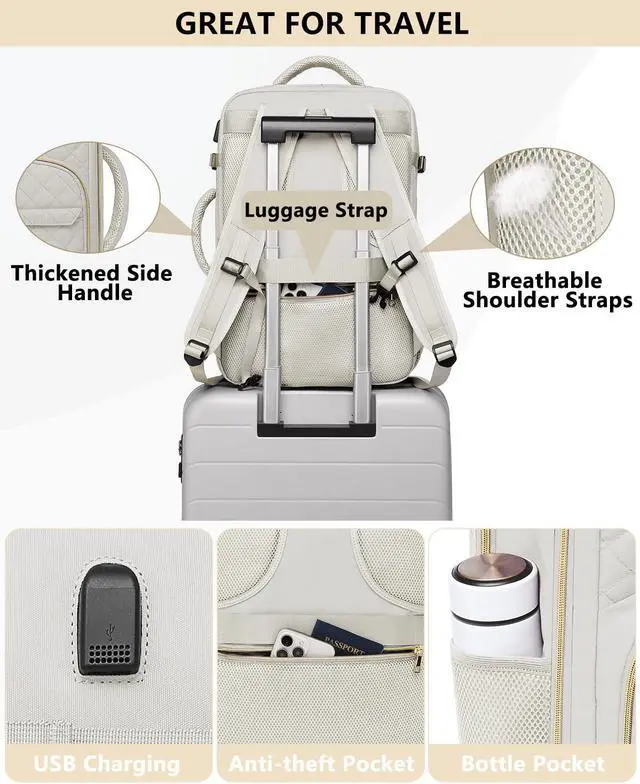 Alt view image 4 of 5 - Carry On Women Travel Backpack: TSA Flight Approved Personal Item Backpacks Large 40L Waterproof Luggage Suitcase Backpack Fit 17 Inch Laptop Weekender Overnight Traveling Bag with USB Charge Beige