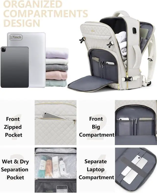Alt view image 2 of 5 - Carry On Women Travel Backpack: TSA Flight Approved Personal Item Backpacks Large 40L Waterproof Luggage Suitcase Backpack Fit 17 Inch Laptop Weekender Overnight Traveling Bag with USB Charge Beige