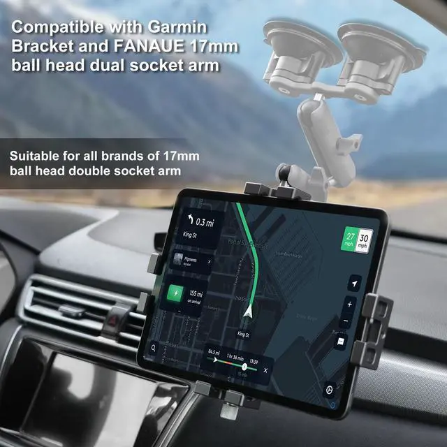 Alt view image 3 of 5 - FANAUE iPad Holder for Car, Tablet Stand for Vehicle Truck Mount Compatible with 17mm Ball Head, 360deg Rotatable Pad Stand for Office Desk, Windshield, Dashboard, Supports 8-12.9" iPad mini Pro