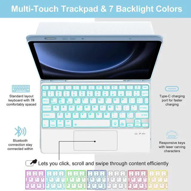 Alt view image 4 of 5 - Galaxy Tab S9 FE Case with Keyboard, Detachable Wireless Bluetooth Trackpad Keyboard, 7-Color RGB Backlit, Smart Folio Cover with S Pen Holder for Samsung Galaxy Tab S10 FE/S9 FE 10.9/S9 11 inch,Blue