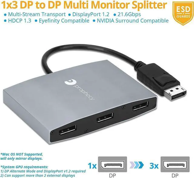 Alt view image 2 of 5 - gofanco Prophecy 1x3 DisplayPort 1.2 to 3 Port DisplayPort Adapter  DP to Triple DisplayPort MST Hub with Extended Display Mode - 4K @30Hz, for Windows PCs, Not Mac OS Compatible, TAA Compliant