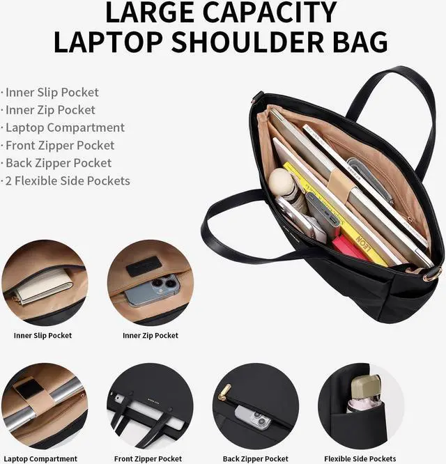 Alt view image 3 of 5 - Laptop Shoulder Bag 14 Inch, Computer Shoulder Bag Large Work Tote Bag for Women, Laptop Carrying Case Stylish Handbag for Business Travel (Black)