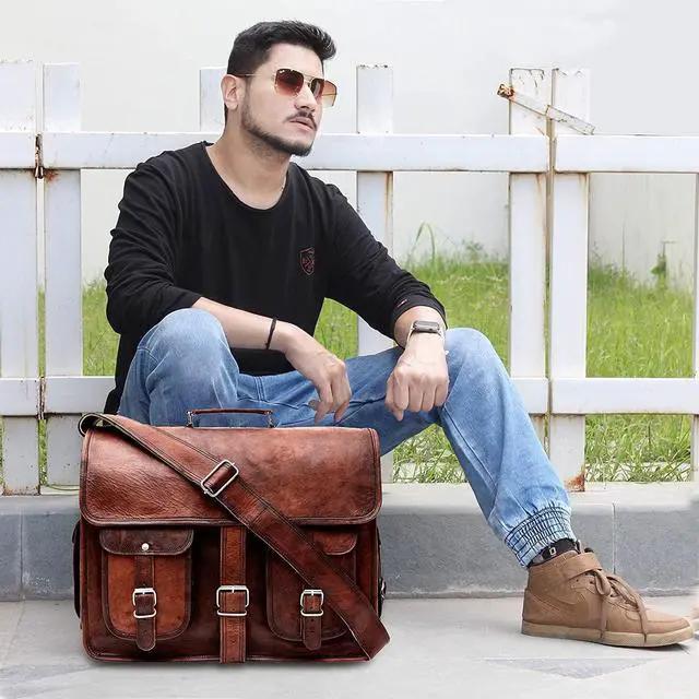 Alt view image 4 of 5 - HULSH Leather Messenger Bag for Men, 16 Inch Laptop Briefcase, Computer Bag, Satchel for Office/Work/Travel | Handmade with easy open Push Lock