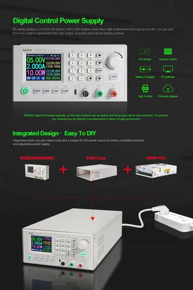 Alt view image 3 of 5 - RD RD6006W 60V 6A DC DC Step Down Power Supply Whole Set not Assembled (RD6006W+S400 case+ 400W PSU)